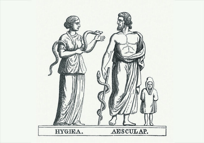 Asclepius and Hygieia (Greek Roman Mythology), wood engraving, published 1878